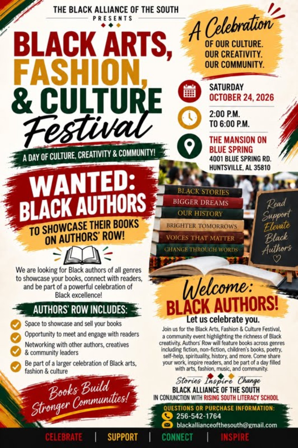 Invitation for Black authors to showcase their books at Authors’ Row during the Black Arts, Fashion and Culture Festival on October 24, 2026, from 2 to 6 p.m. at The Mansion on Blue Spring