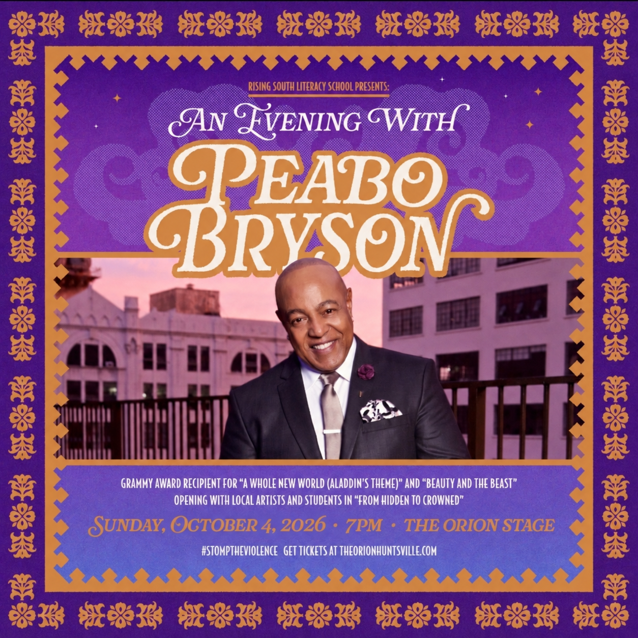 Historical flyer for An Evening with Peabo Bryson, originally scheduled for October 4, 2026, at The Orion Stage